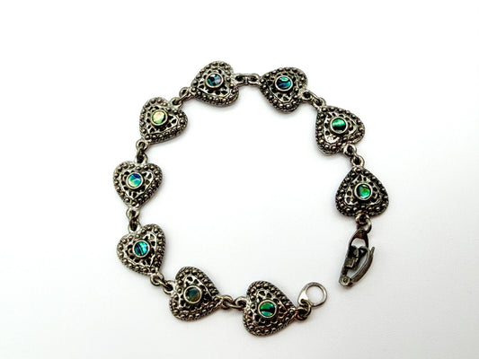 Vintage Abalone Shell Ornate Love Heart Panel Link Bracelet Silver Tone 7”