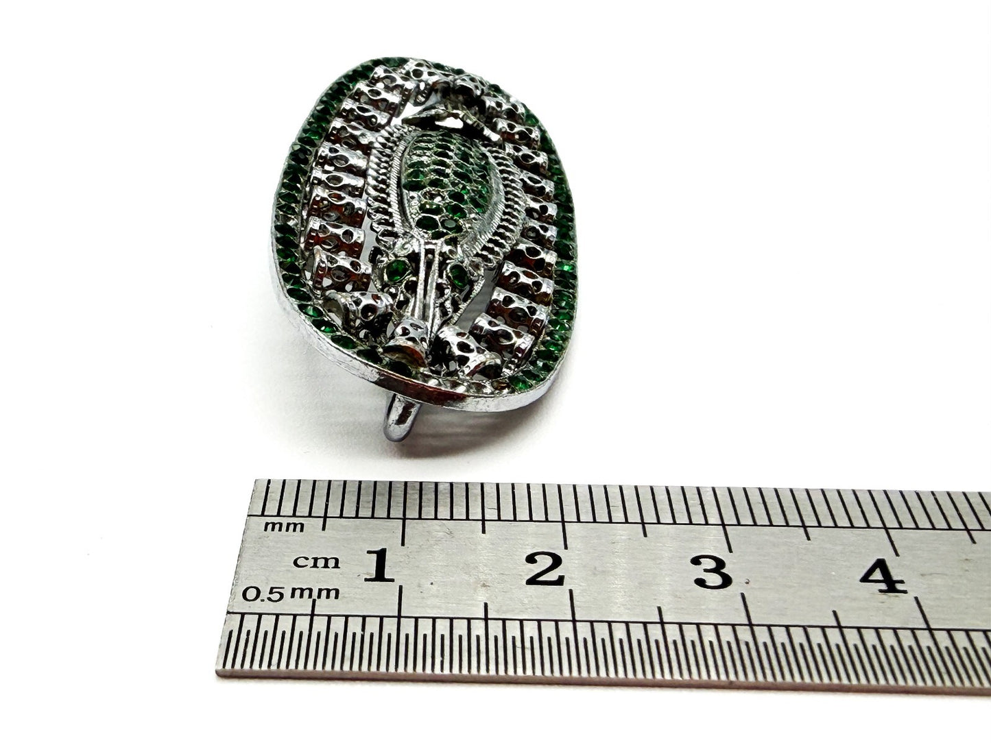 Vintage Art Deco Style Green Rhinestone Filigree Brooch Silver Tone Signed 468