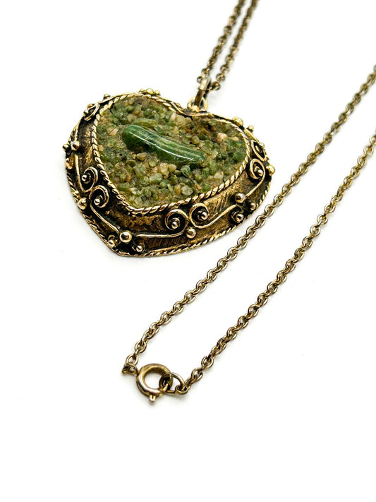 Vintage Gold Tone Heart Pendant Necklace Green Gemstone Chip Long Chain