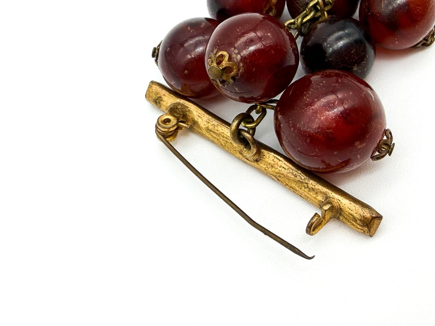 Vintage Cha Cha Lucite Grape Cluster Brooch Red Berry Gold Tone Pin 3.5 Inch