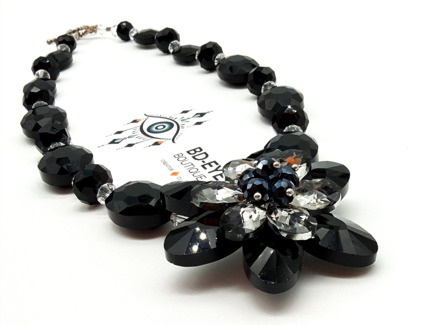 Black Crystal Flower Statement Necklace Earrings Set Faceted Glass Evening Wear