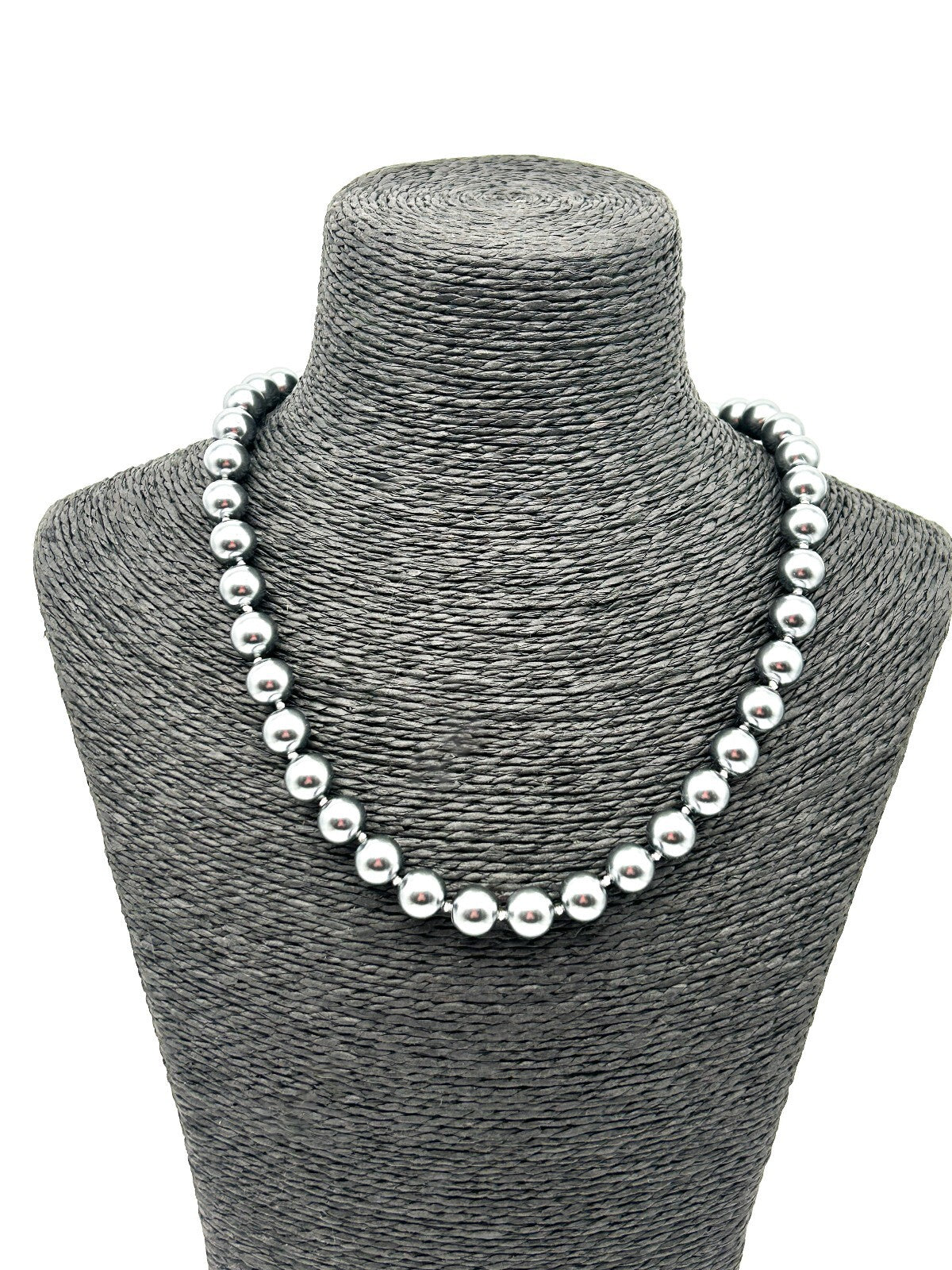 Vintage Grey Faux Pearl Necklace Bracelet Set Rhinestone Heart Clasp 19” 8.5”