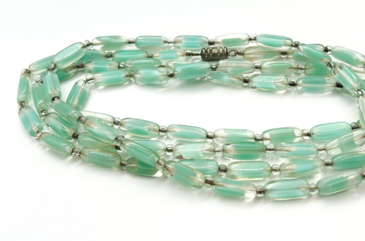 Vintage Czech Givre Glass Necklace Spearmint Blue Green Beads Long 23.5”