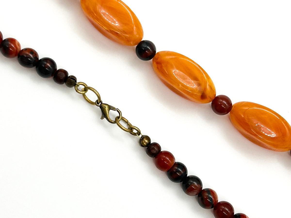 Orange Lucite Banded Agate Beaded Necklace Chunky Boho Statement 21.5”