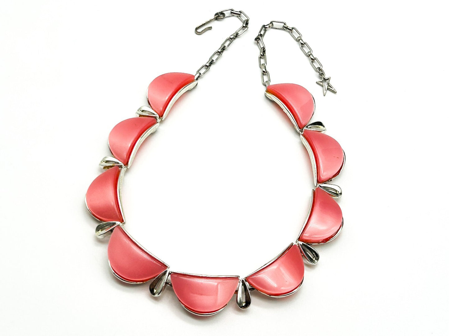 Vintage Star Signed Pink Thermoset Lucite Necklace 1950s Silver Tone Collar