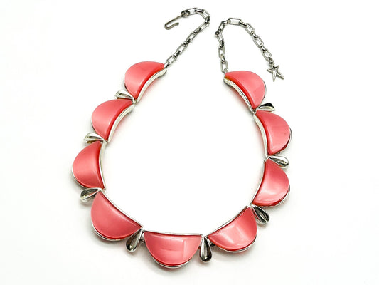 Vintage Star Signed Pink Thermoset Lucite Necklace 1950s Silver Tone Collar