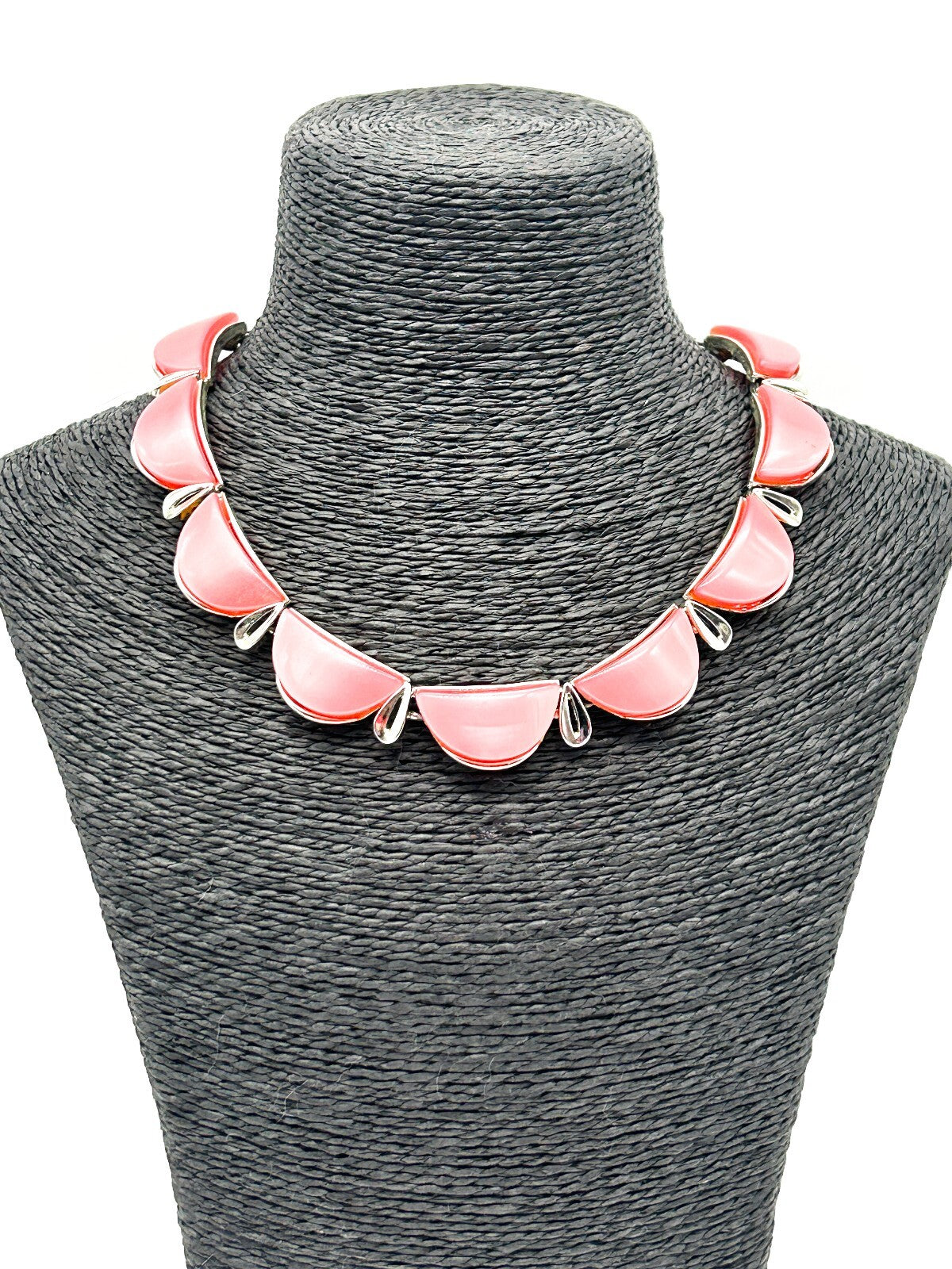 Vintage Star Signed Pink Thermoset Lucite Necklace 1950s Silver Tone Collar