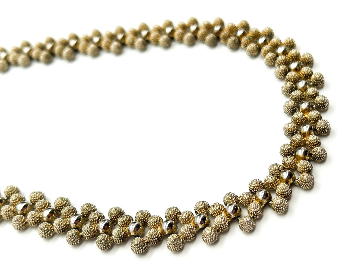 Vintage Gold Tone Rope Effect Ball Necklace Set Floral Stud Earrings 16.5”