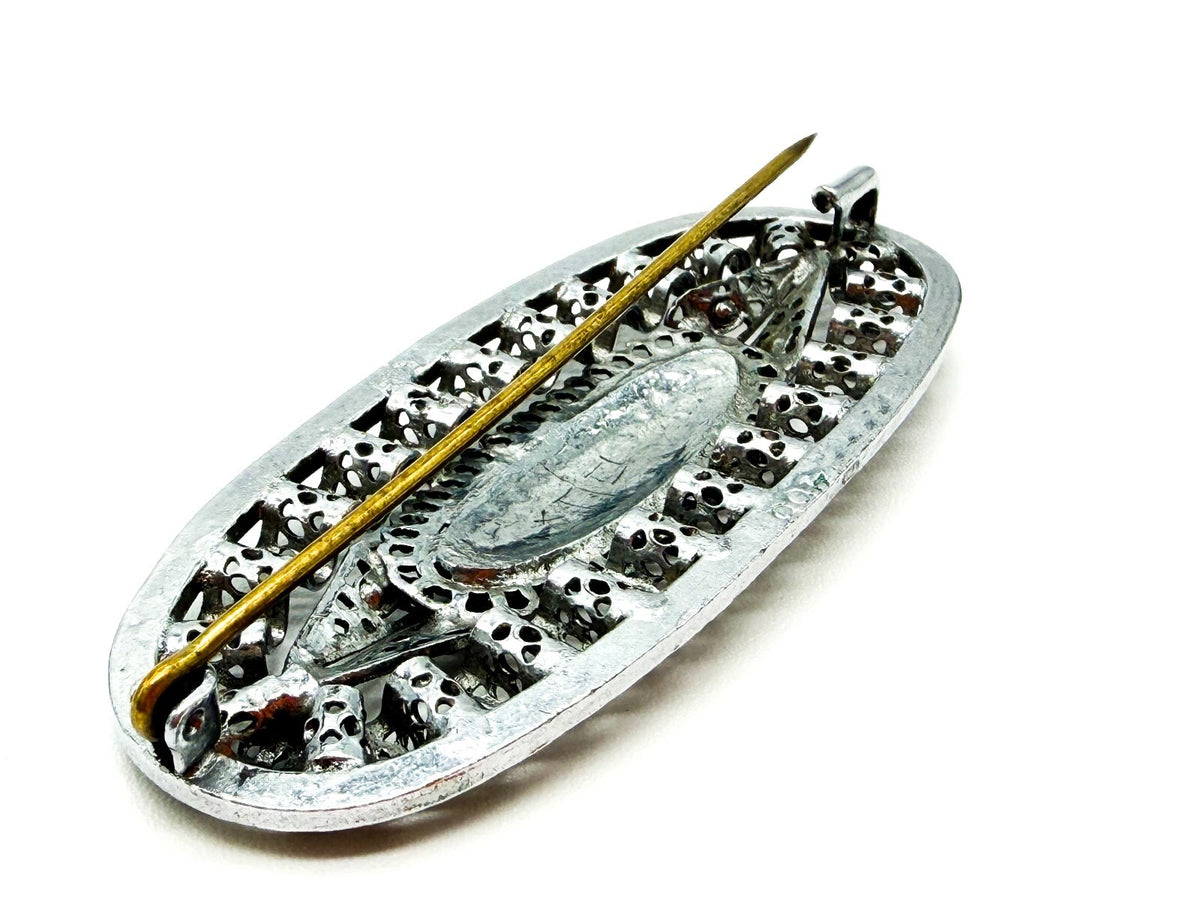 Vintage Art Deco Style Green Rhinestone Filigree Brooch Silver Tone Signed 468