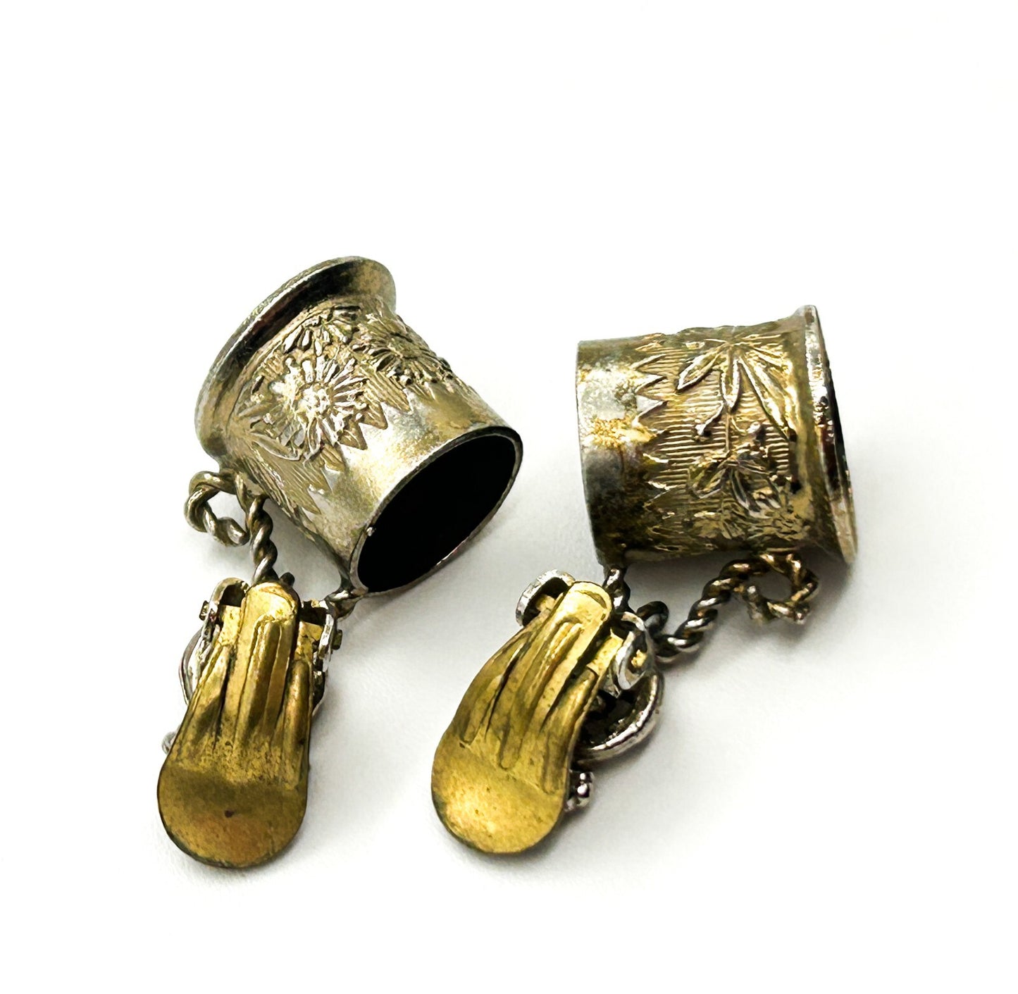 Vintage Silver Tone Tankard Clip On Earrings Novelty Beer Stein Mug Floral