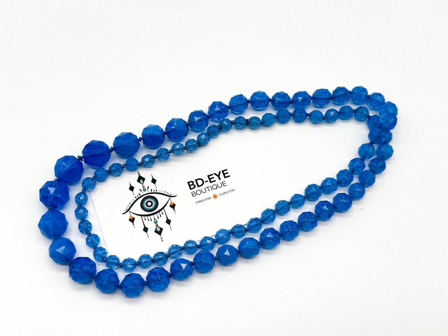 Vintage Long Blue Faceted Glass Bead Necklace Hand Knotted Continuous Strand
