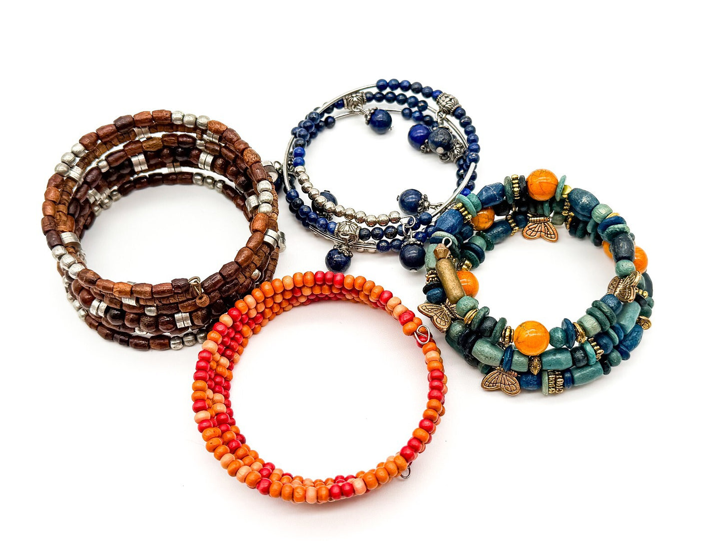 Boho Memory Wire Bracelet Bundle Set 4 Lapis Lazuli Wood Beaded Stack Bracelets