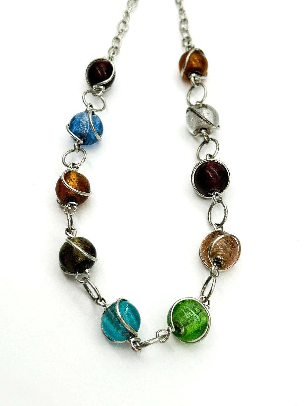 Vintage Multicolour Foil Art Glass Necklace Silver Tone Wrapped Beads Statement