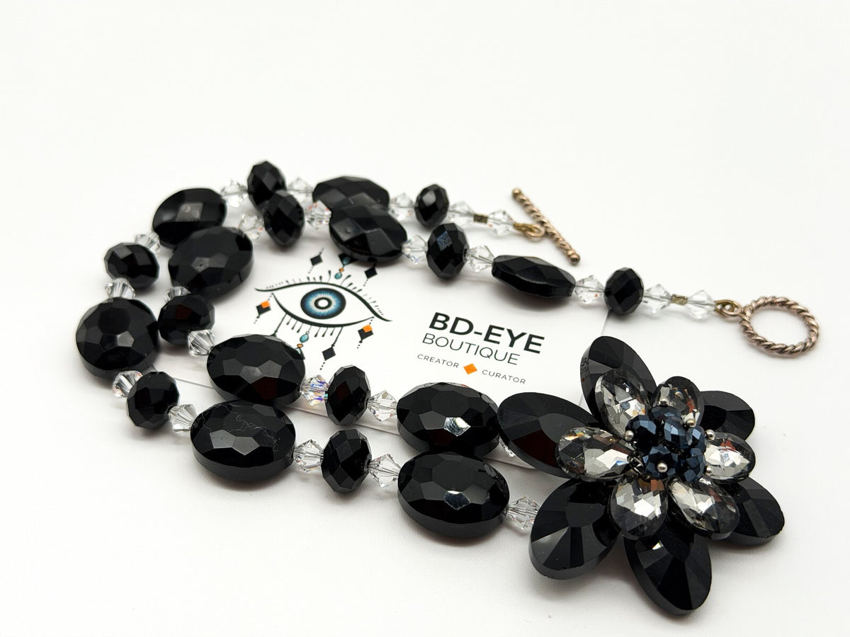 Black Crystal Flower Statement Necklace Earrings Set Faceted Glass Evening Wear
