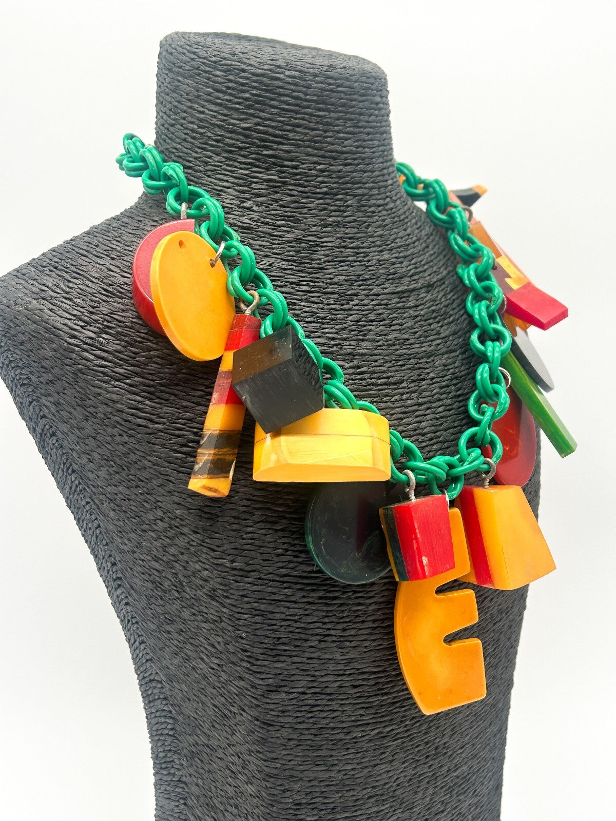 Vintage Bakelite Charm Necklace Attrib. Jan Carlin Celluloid Chain Statement