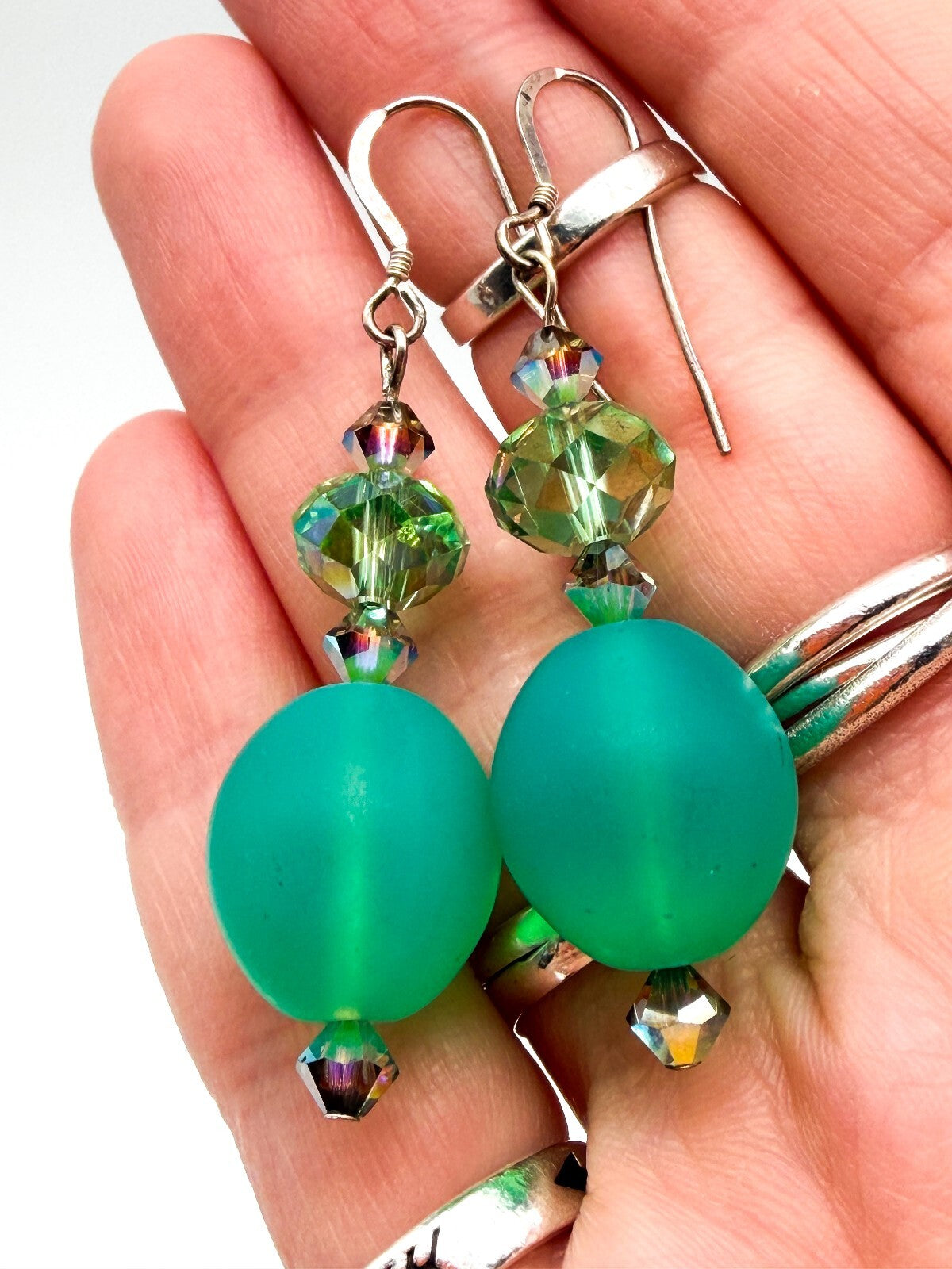 Frosted Green Glass Necklace Earrings Set Lampwork Beads Toggle Clasp Statement