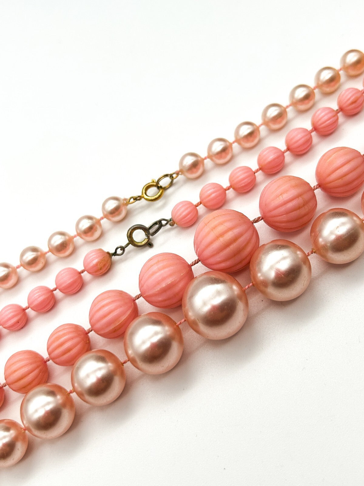 Vintage Pink Necklace Bundle Pastel Baby Pink Faux Pearl & Ribbed Acrylic Beads