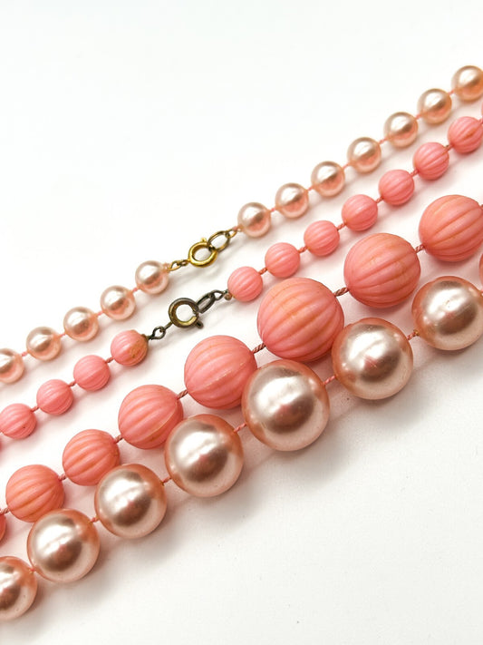 Vintage Pink Necklace Bundle Pastel Baby Pink Faux Pearl & Ribbed Acrylic Beads