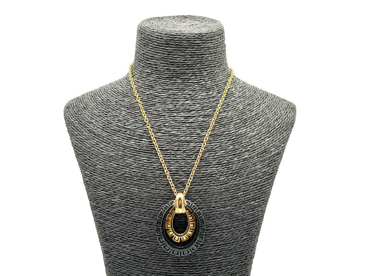Vintage Black Gold Tone Greek Key Statement Necklace Oval Pendant 17” Geometric