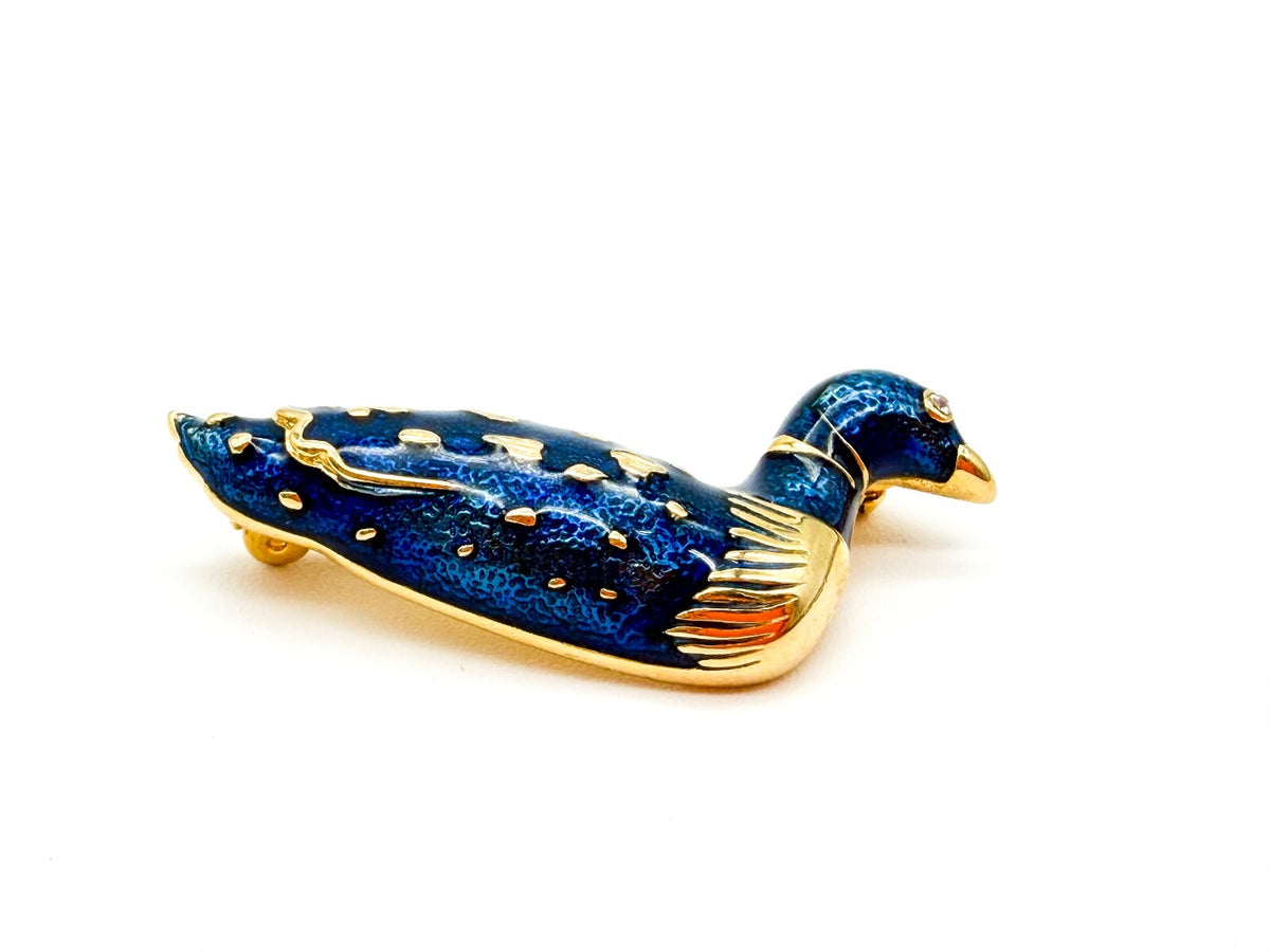 Vintage Blue Enamel Duck Bird Brooch Gold Tone Rhinestone Eye Pin