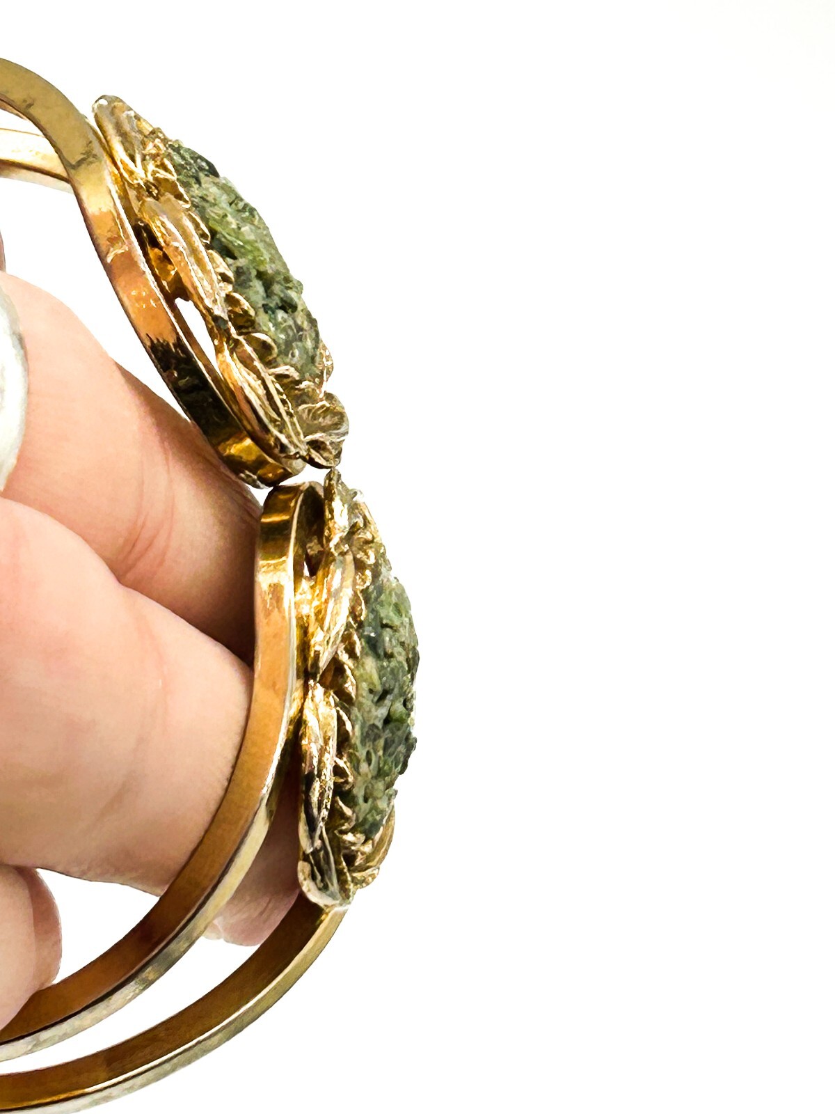 Vintage Gold Tone Faux Jade Glass Clamper Bangle Hinged Bracelet