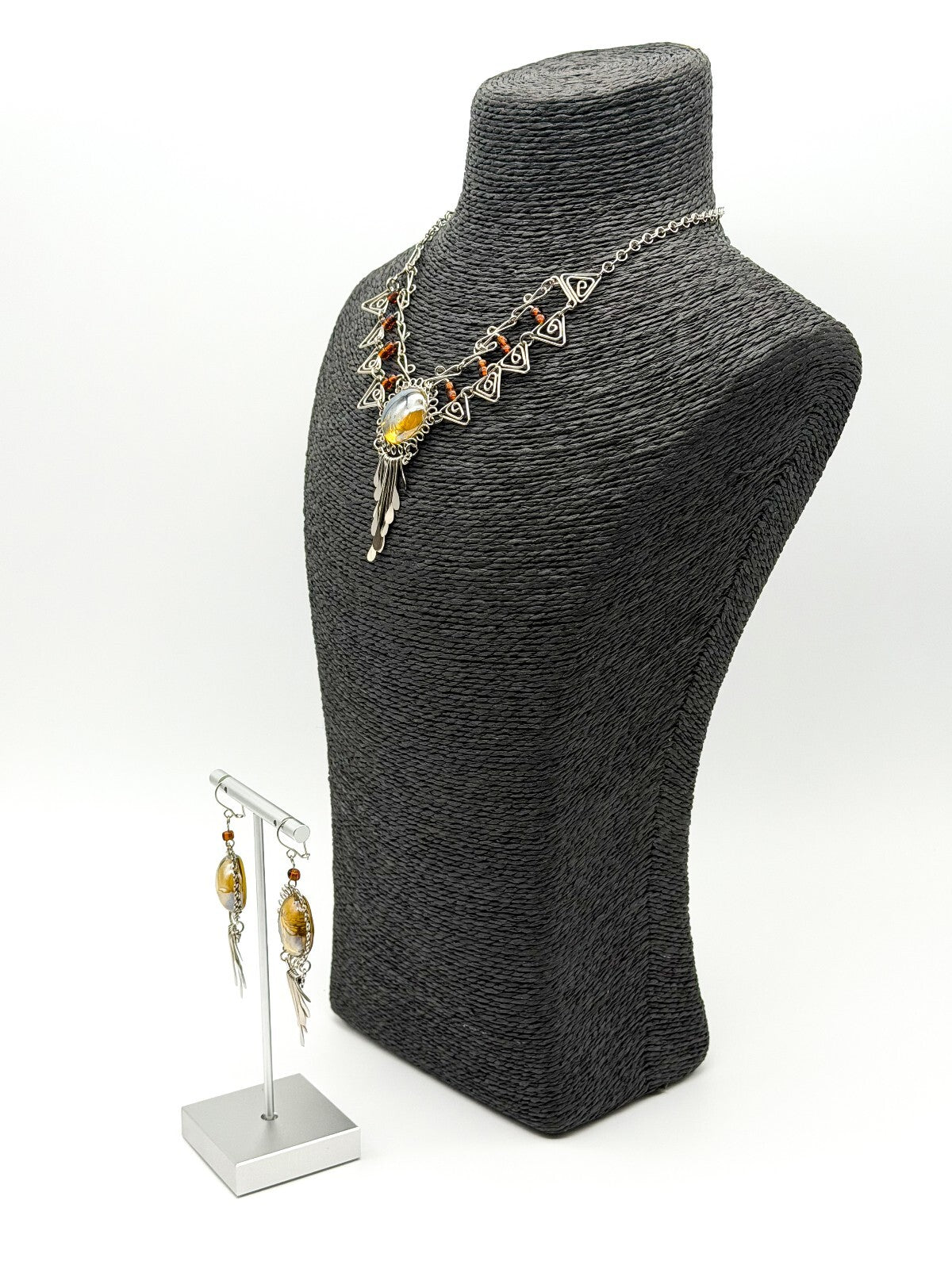 Peruvian Alpaca Necklace Earrings Set Yellow Glass Statement Boho Artisan