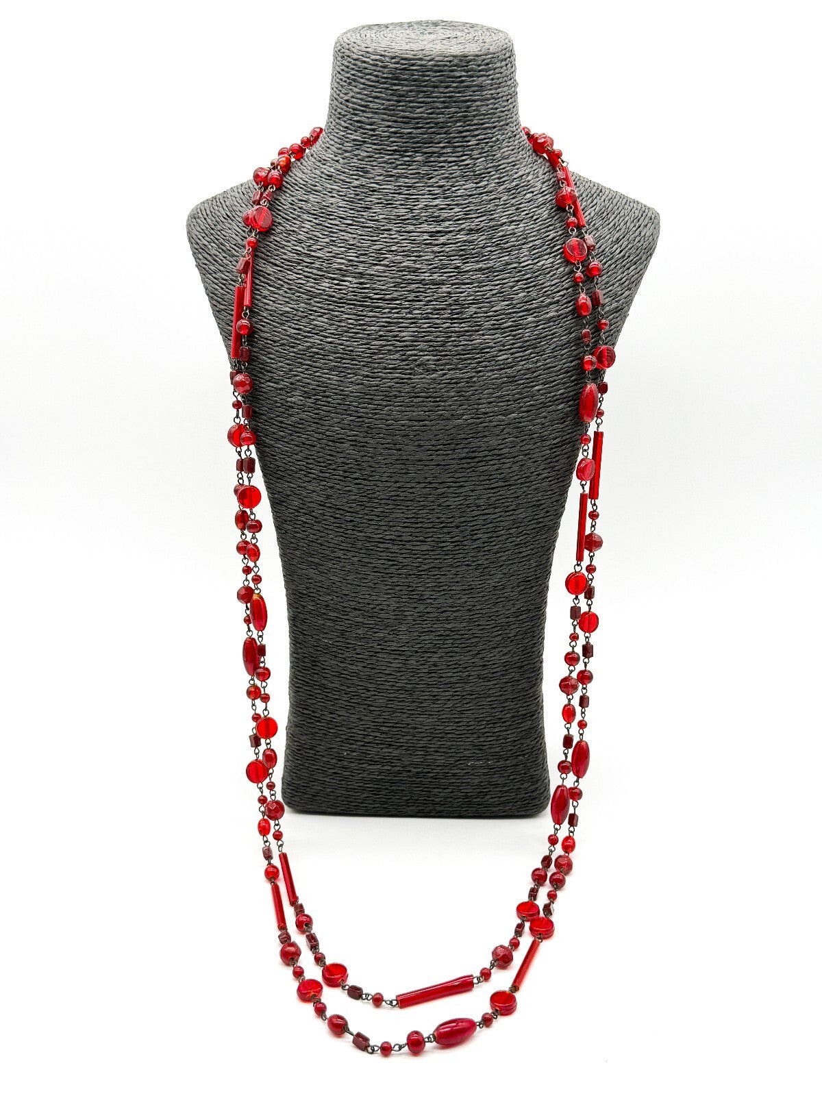 Vintage Red Glass Tube Disc & Oval Bead Necklace Long Layering Continuous Strand