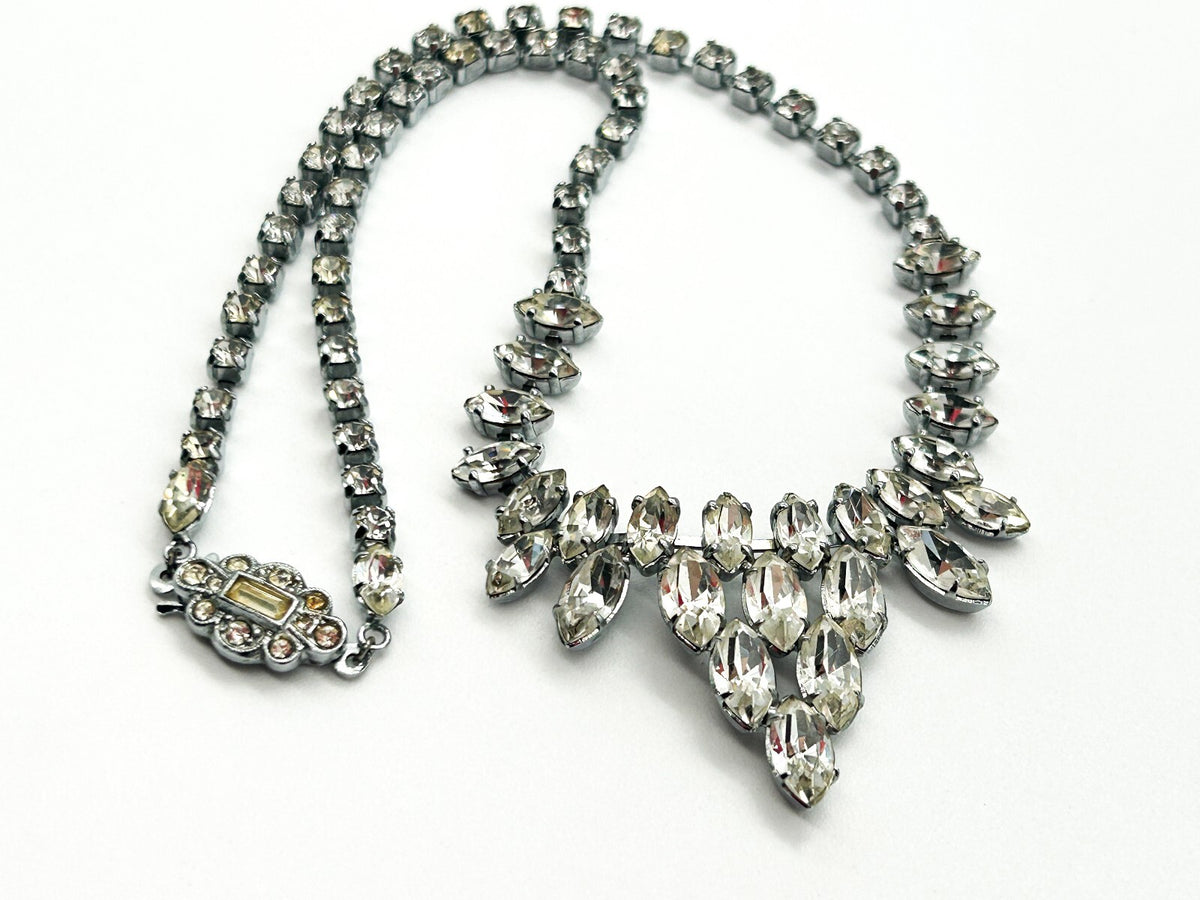 Vintage Clear Marquise Rhinestone Statement Necklace Silver Tone Bridal Wedding
