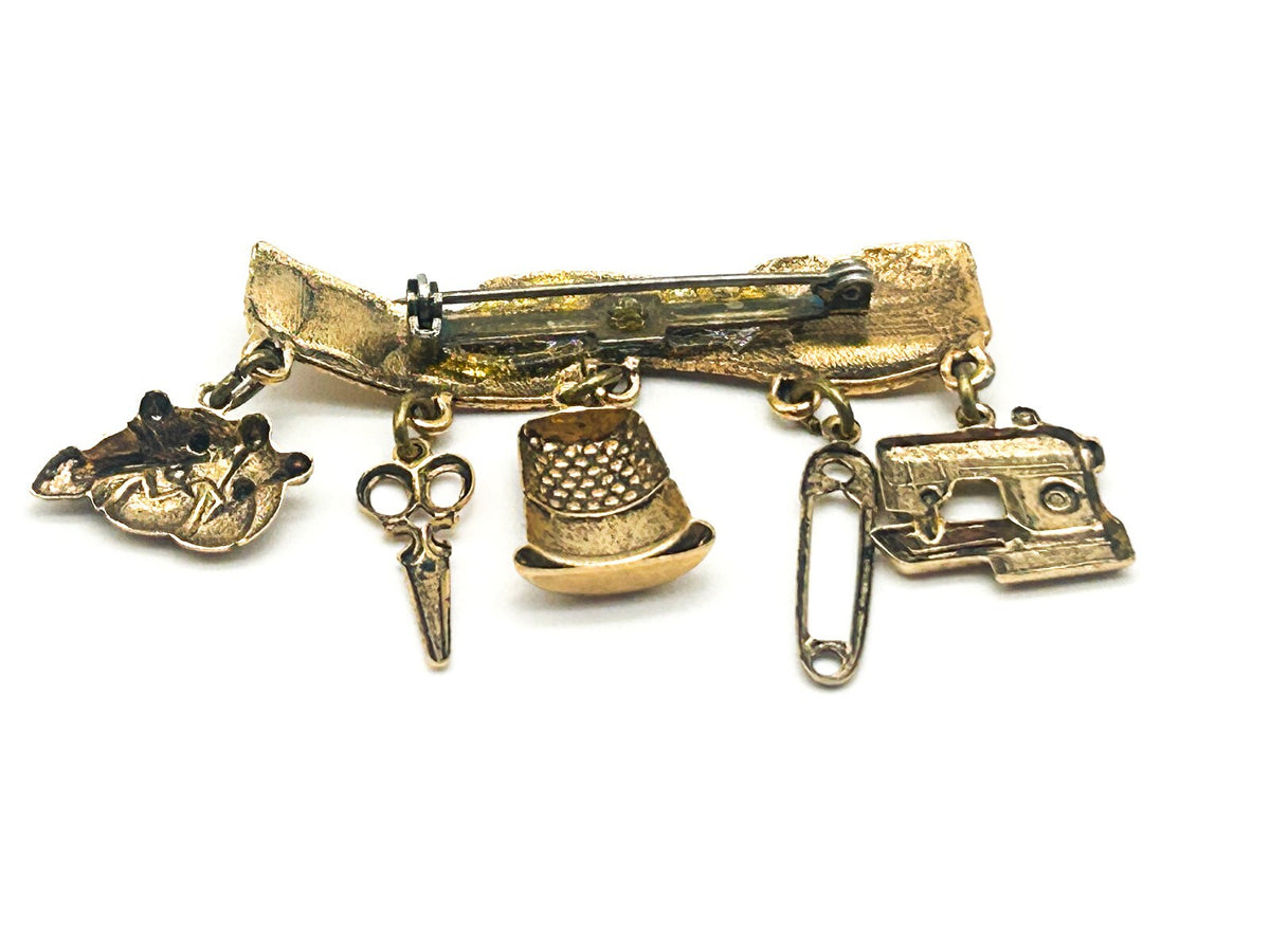 Vintage Gold Tone Sewing Tape Measure Charm Bar Brooch Sewing Machine Scissors