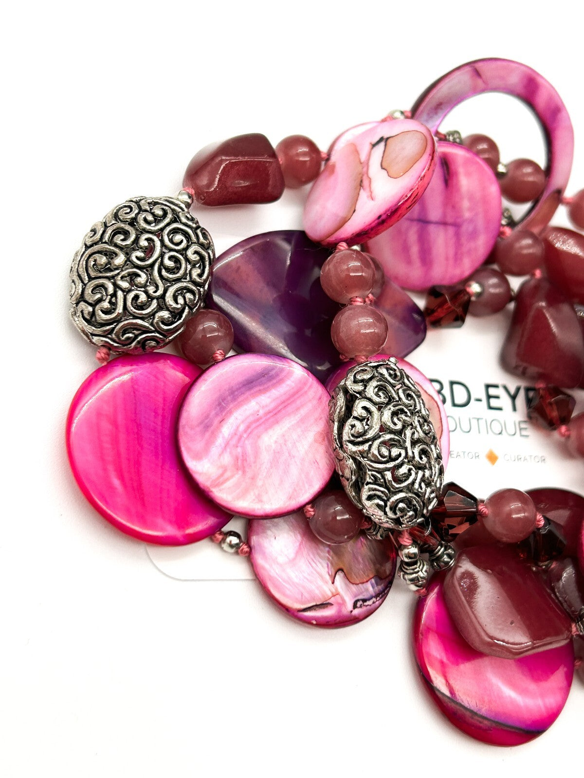 Hand Knotted Pink Shell Statement Necklace Magenta Purple Glass Boho