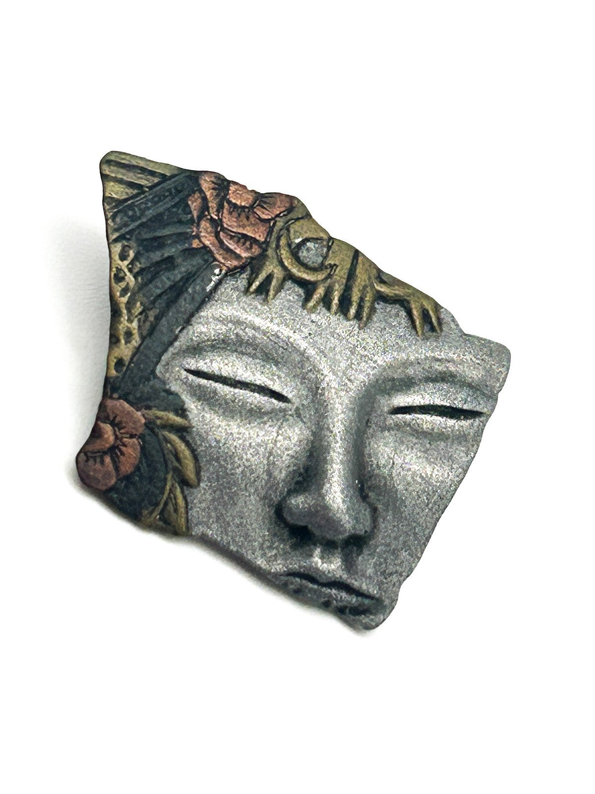 Vintage Pewter Face Brooch Floral Flower Headdress Oriental Pin Abstract Art