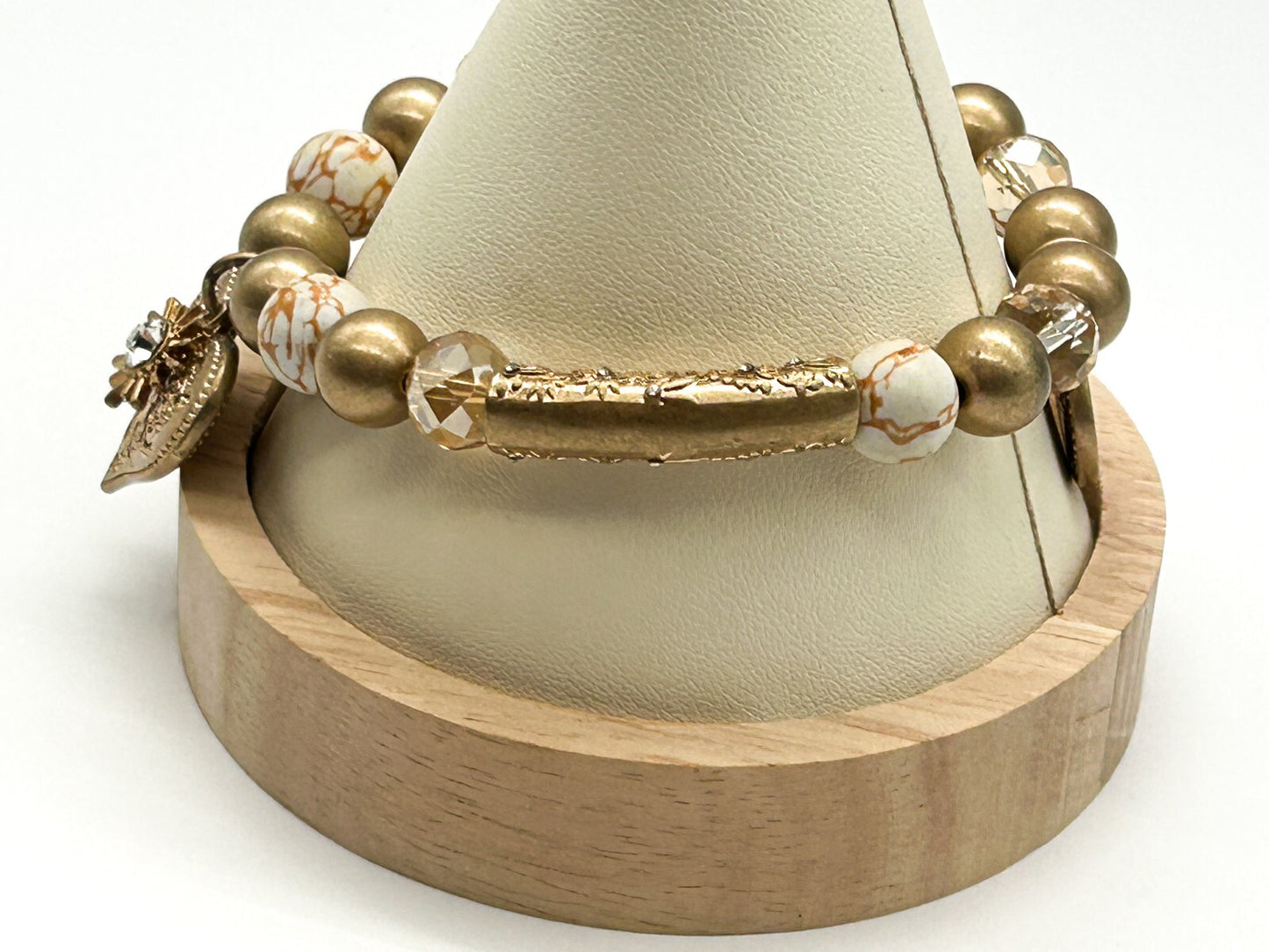 Signed Bibi Bijoux Ornate Heart Charm Bracelet Gold Tone Crystal Marble Stretch