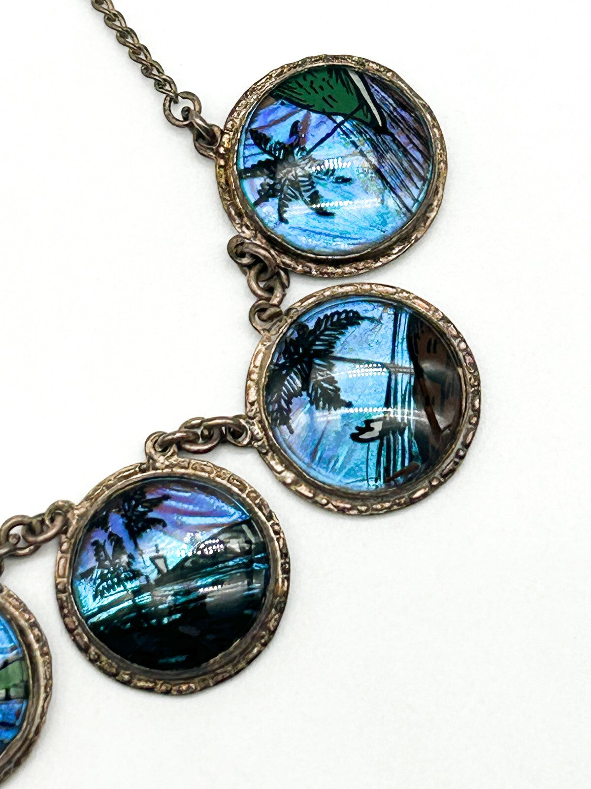 Morpho Butterfly Wing Necklace Tropical Painted Bubble Glass Brazil 1920s-1930s