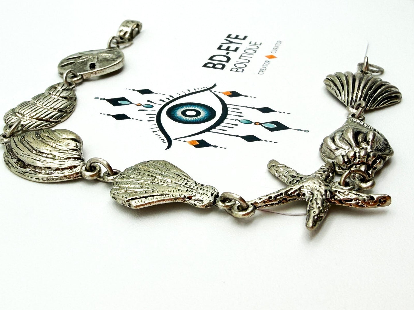 Signed SJ Silver Tone Beach Charm Bracelet Shell Starfish Nautical 7.5”