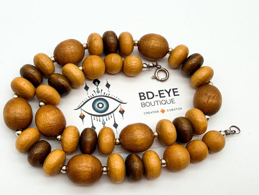 Boho Chunky Wooden Bead Necklace Bundle Layered Natural Wood Earthy Festival