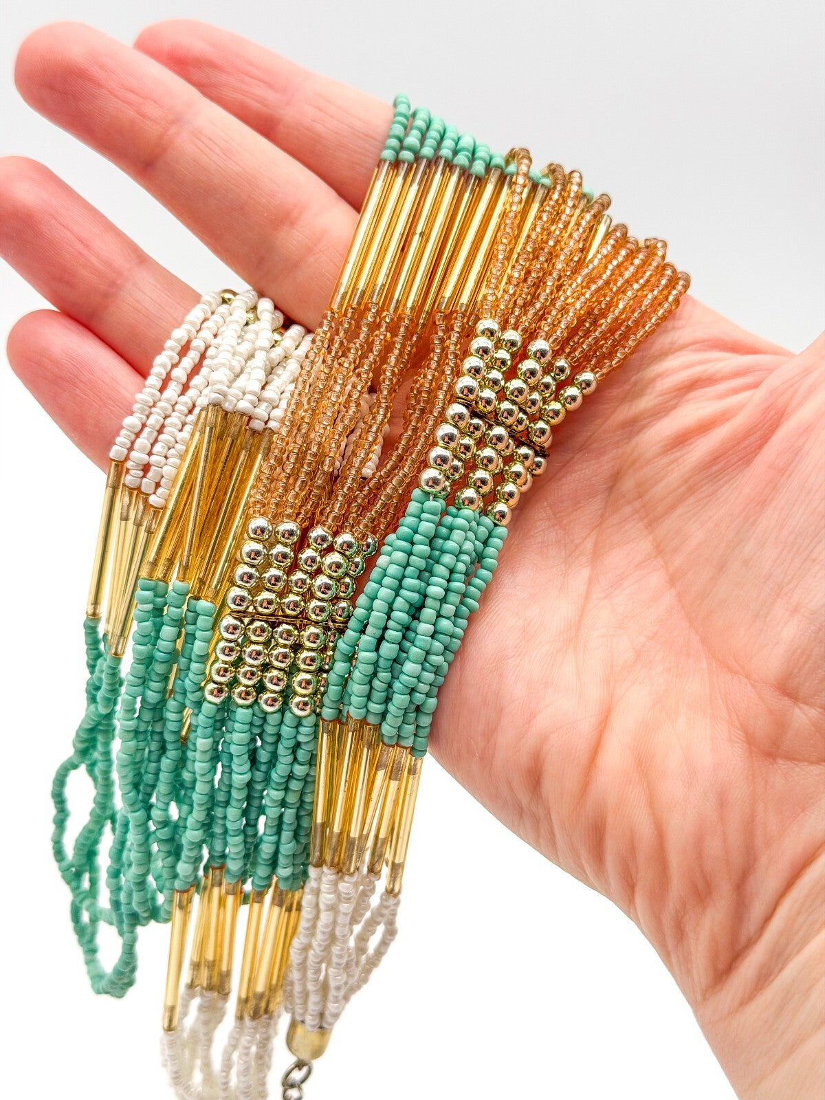 Boho Multi Strand Turquoise White Beaded Necklace Gold Tone Statement Festival