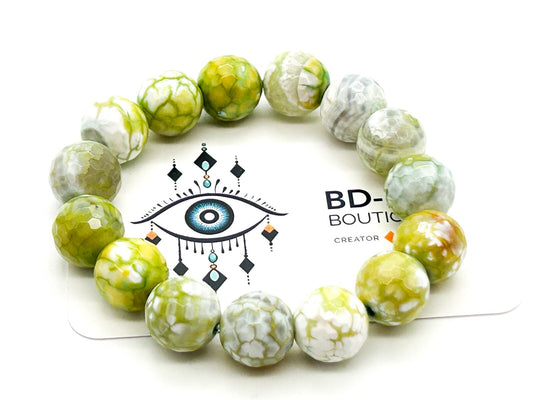 Lime Green White Crackle Agate Stretch Bracelet Faceted Gemstone Bead Summer