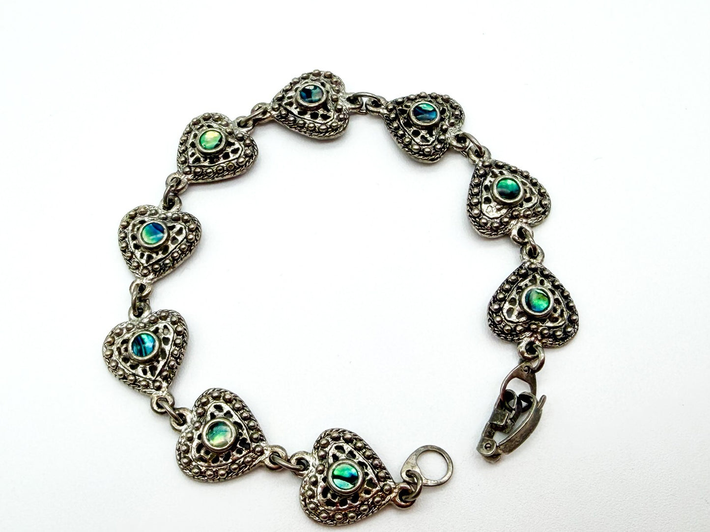 Vintage Abalone Shell Ornate Love Heart Panel Link Bracelet Silver Tone 7”