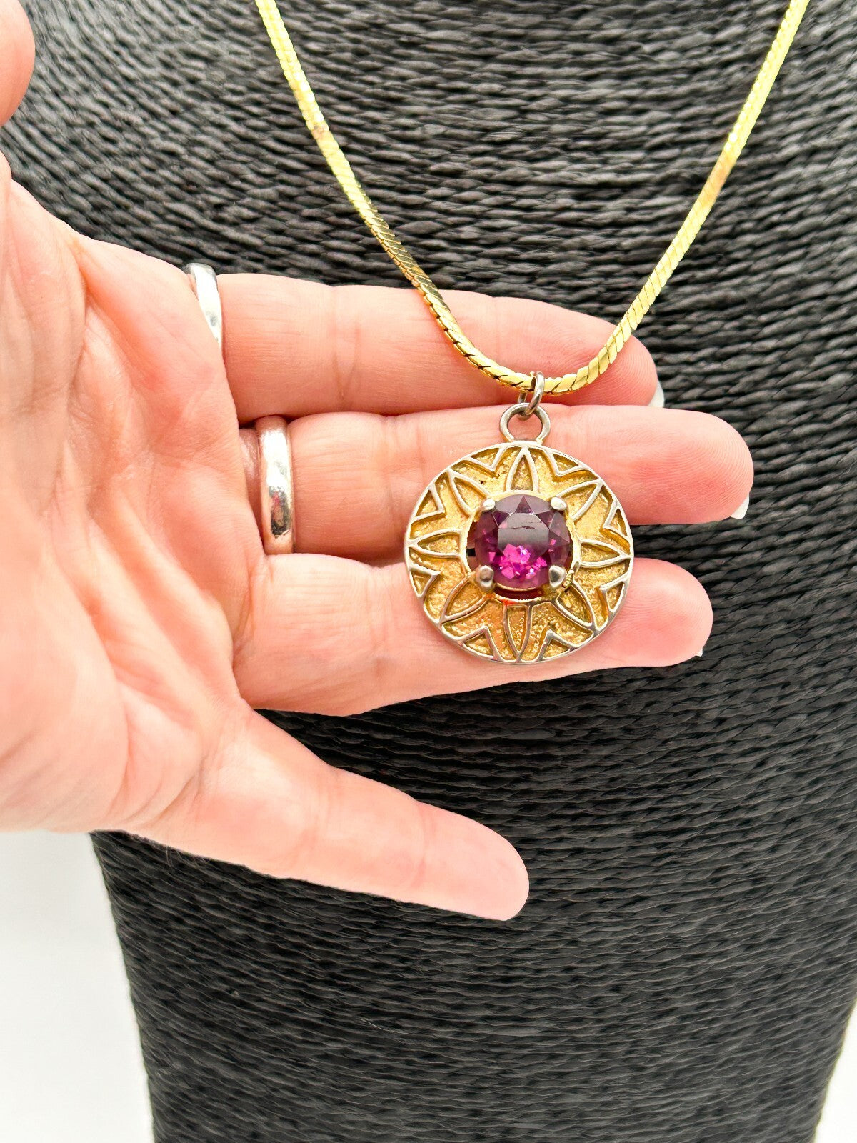 Vintage Purple Glass Statement Pendant Necklace Gold Tone Retro Jewellery