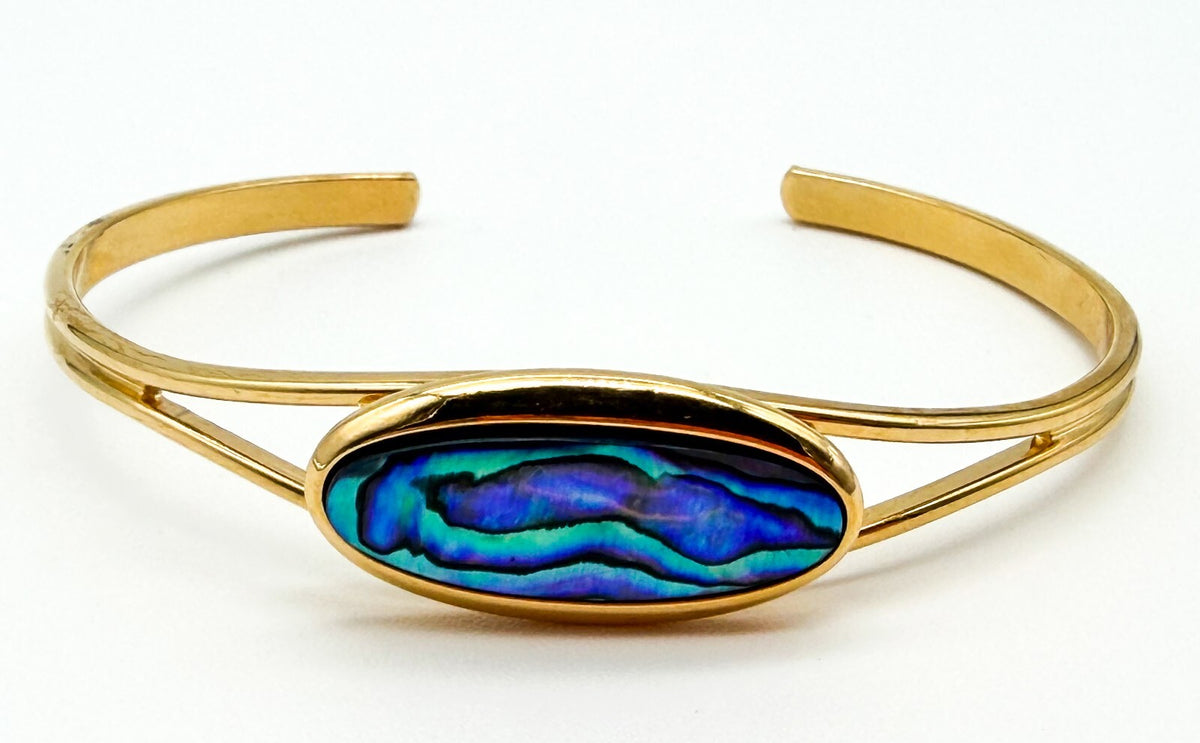 Gold Tone Abalone Paua Shell Torque Cuff Bangle Blue Green Iridescent Bracelet
