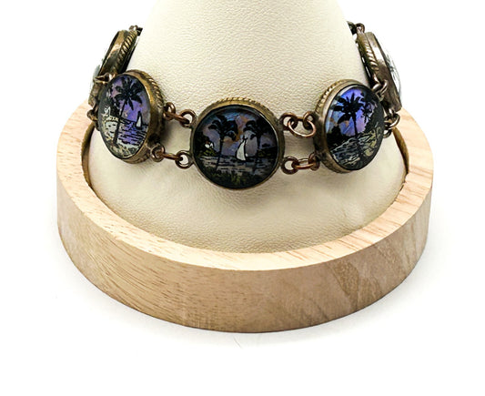 1920-30s Morpho Butterfly Wing Bubble Glass Bracelet Deco Retro Made in Brazil