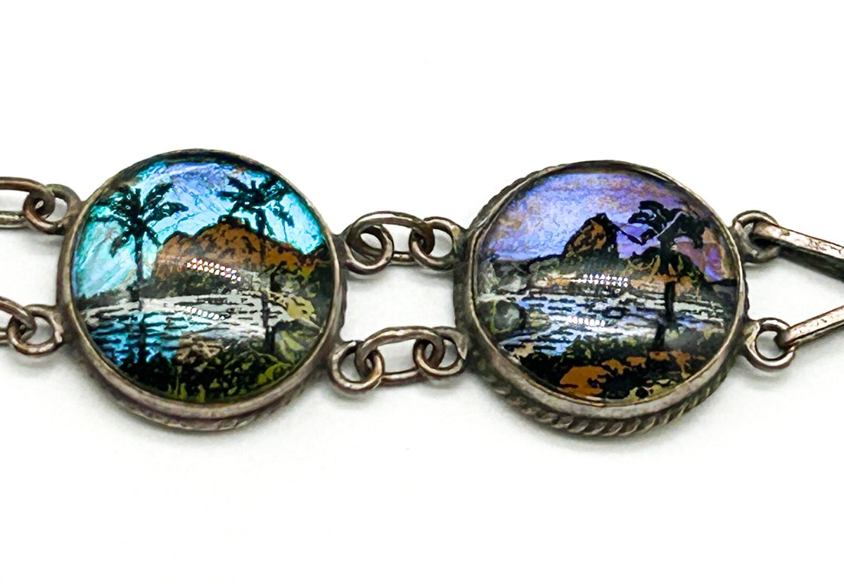 1920-30s Morpho Butterfly Wing Bubble Glass Bracelet Deco Retro Made in Brazil