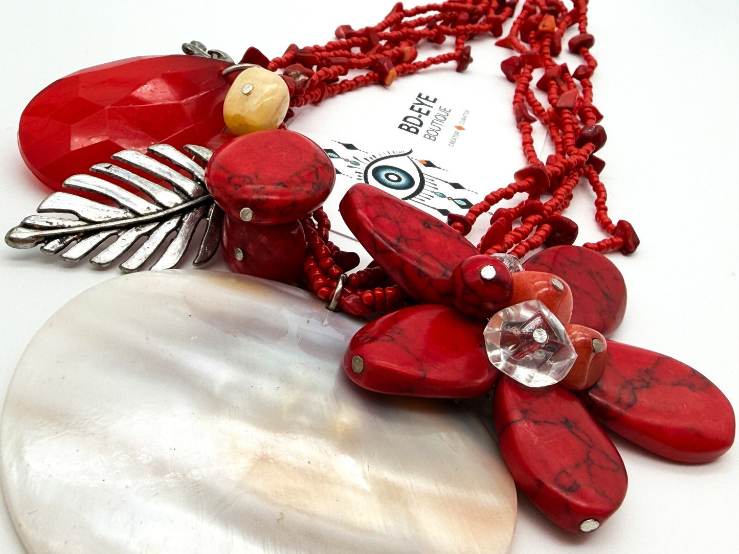 Red Coral Mother of Pearl Floral Necklace Multi Strand Boho Statement Flower