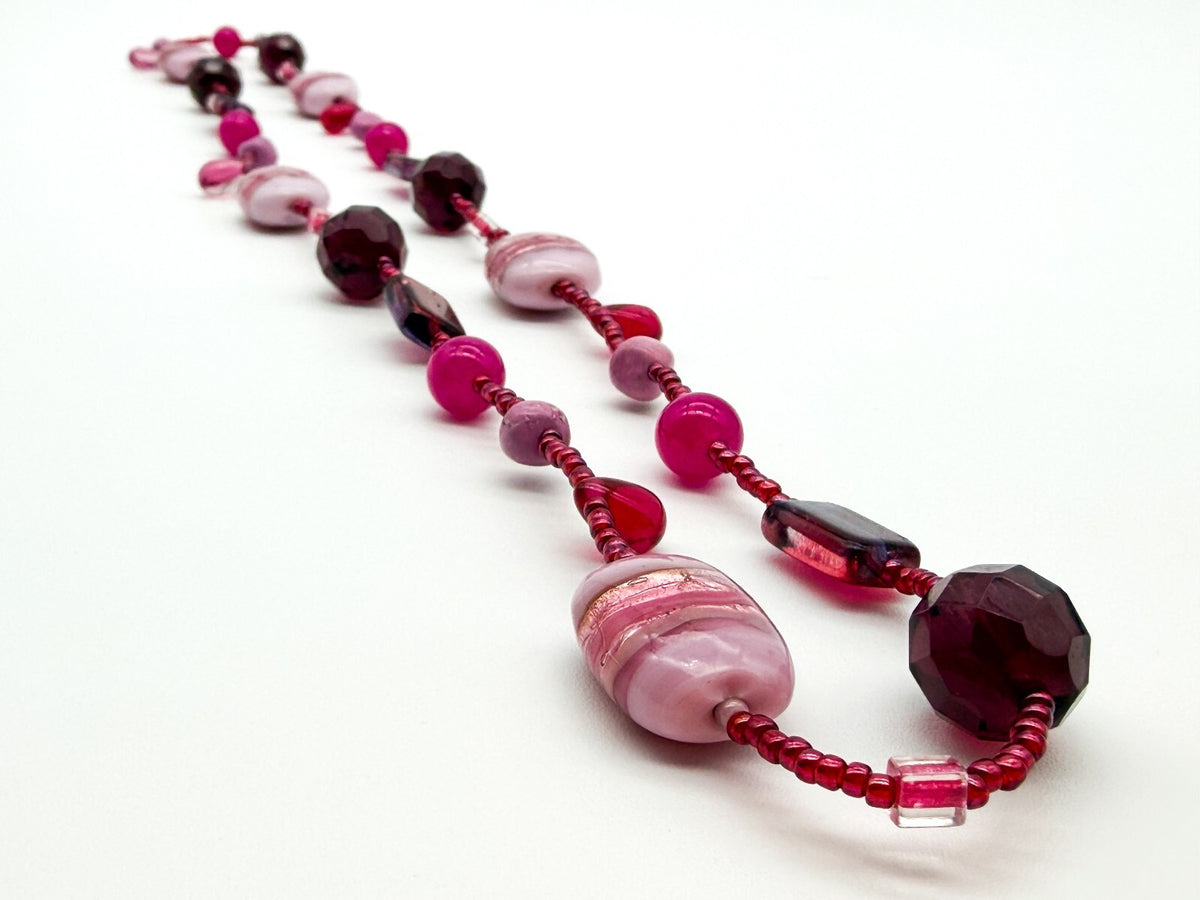 Murano Style Pink Art Glass Necklace Venetian Foil Beads Continuous Strand