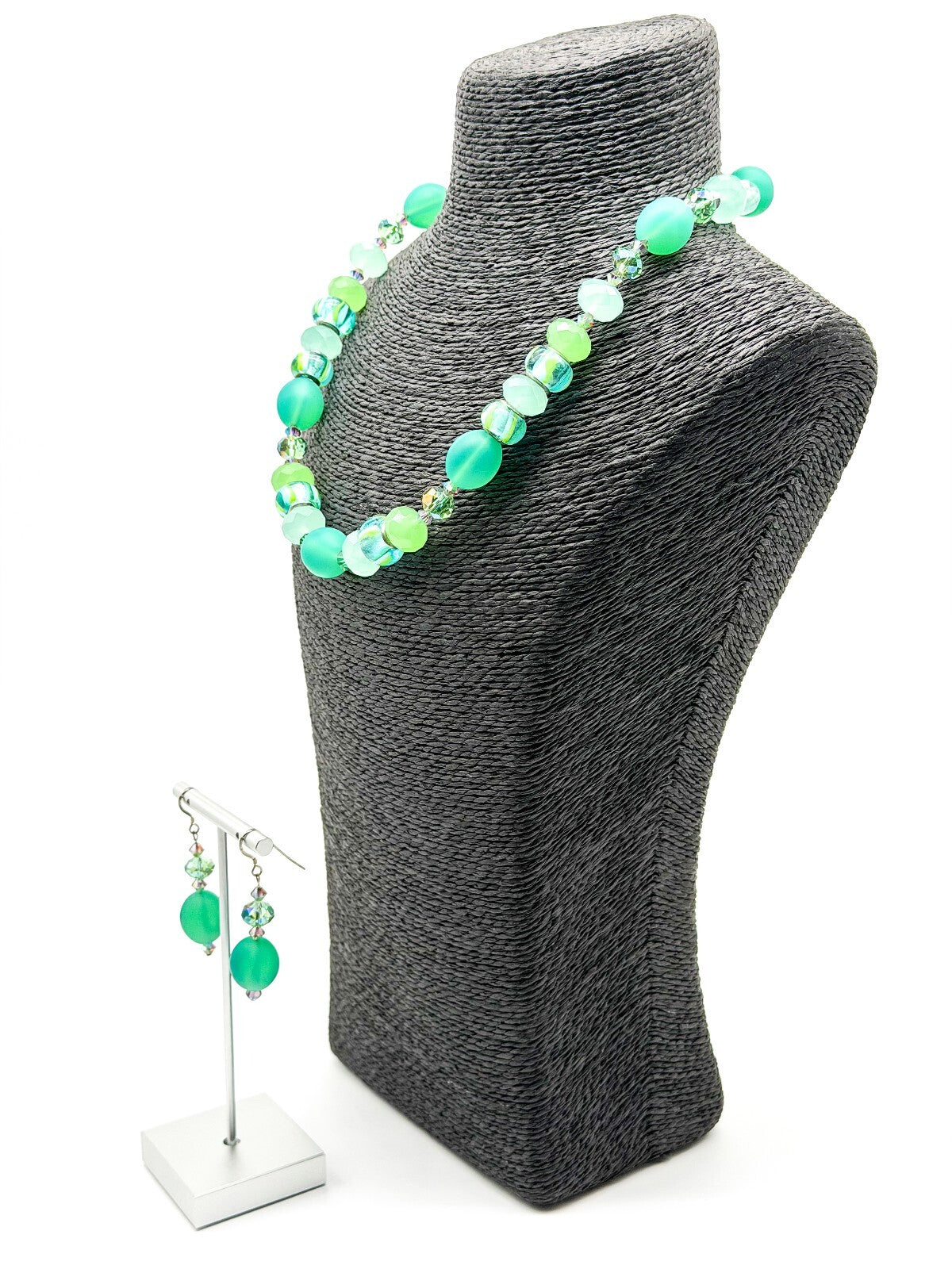 Frosted Green Glass Necklace Earrings Set Lampwork Beads Toggle Clasp Statement