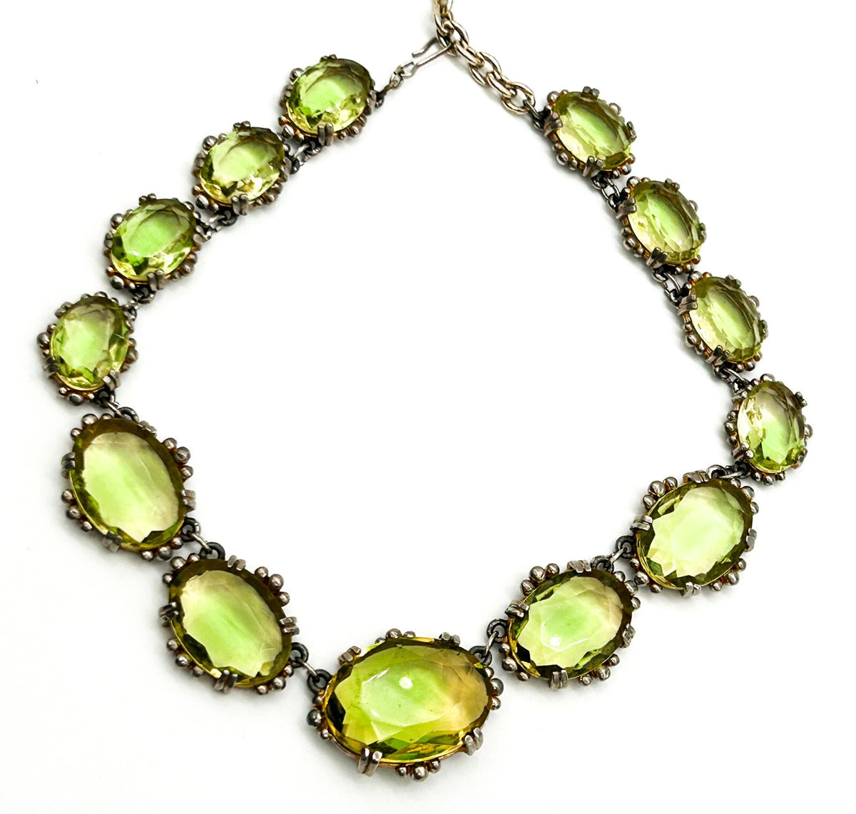 Vintage Lime Green Yellow Faceted Glass Statement Necklace Prong Oval Crystal