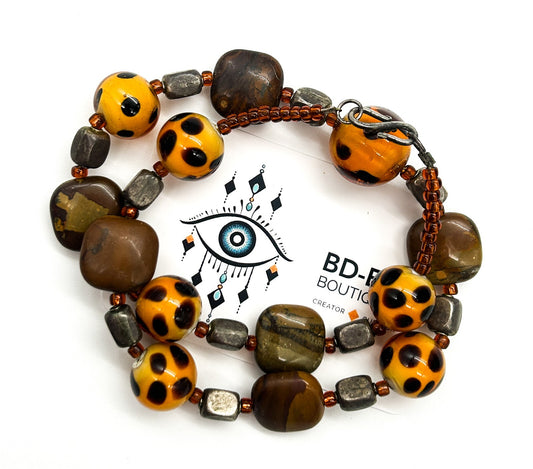 Vintage Jasper & Orange Spotted Glass Bead Necklace Leopard Print Style 19”
