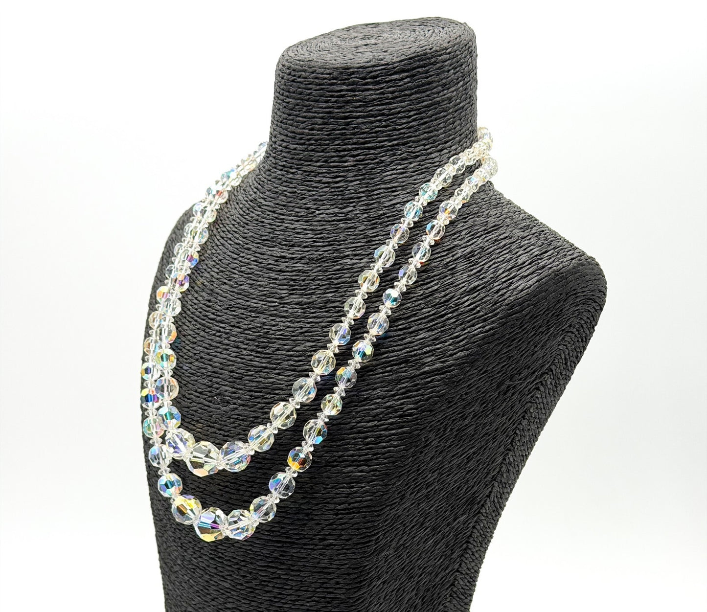 Vintage Aurora Borealis Crystal Necklace 2 Strand AB Glass Rhinestone Clasp 19"