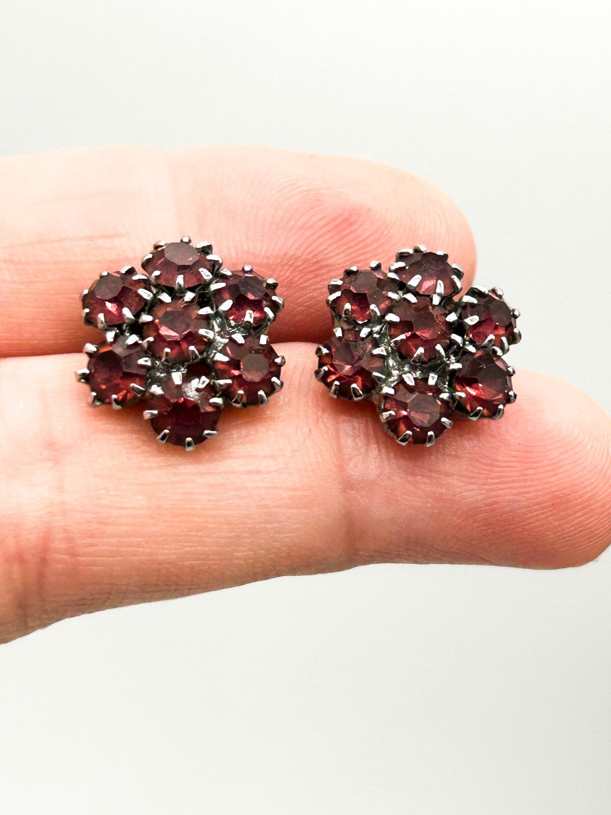 Vintage Clip On Rhinestone Earrings Bundle Blue Clear Pink Red Flower Cluster