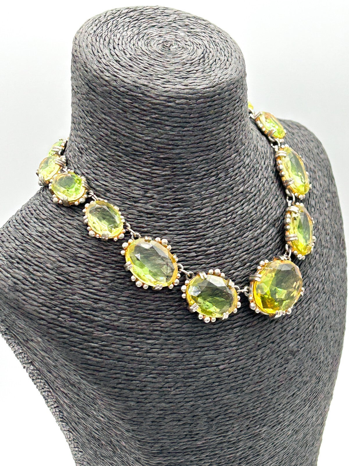 Vintage Lime Green Yellow Faceted Glass Statement Necklace Prong Oval Crystal